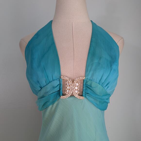 Vintage Cache Prom Dress Maxi Gown 6 Blue Green Y2K Fairy Mermaid Ombre Halter - Picture 4 of 13